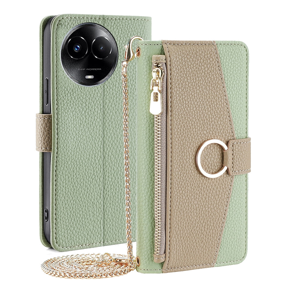 Realme 11x Crossbody Phone Case with Litchi Texture Leather, Adjustable Kickstand, Card Slots, Zipper Purse, Makeup Mirror, and TPU Protection