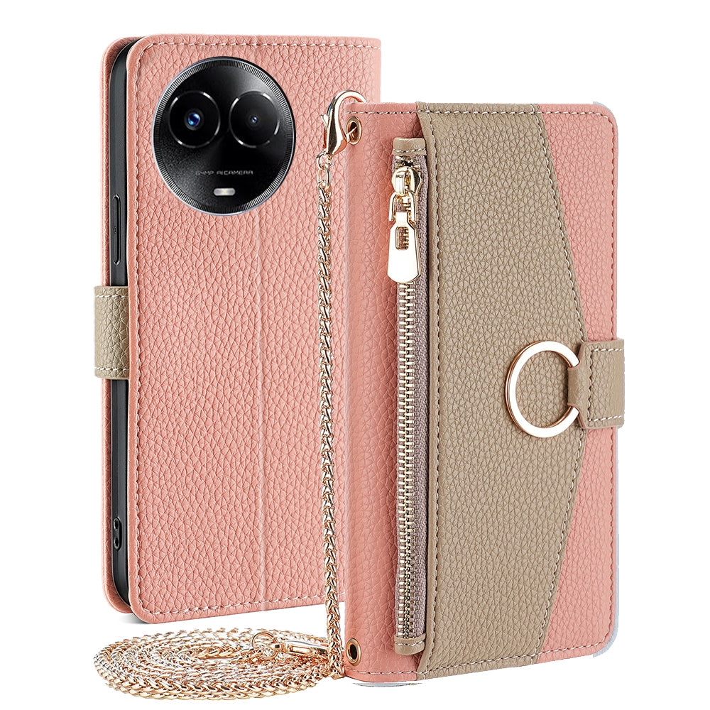 Realme 11x Crossbody Phone Case with Litchi Texture Leather, Adjustable Kickstand, Card Slots, Zipper Purse, Makeup Mirror, and TPU Protection