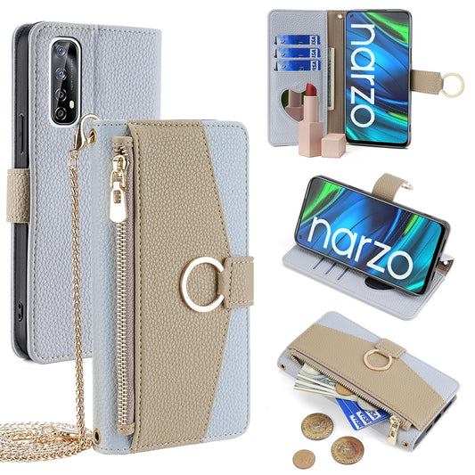 Realme Narzo 20 Pro Crossbody Phone Case with Litchi Texture Leather, Adjustable Kickstand, Card Slots, Zipper Purse, Makeup Mirror, and TPU Protection