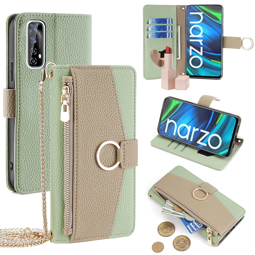 Realme Narzo 20 Pro Crossbody Phone Case with Litchi Texture Leather, Adjustable Kickstand, Card Slots, Zipper Purse, Makeup Mirror, and TPU Protection