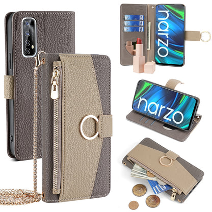Realme Narzo 20 Pro Crossbody Phone Case with Litchi Texture Leather, Adjustable Kickstand, Card Slots, Zipper Purse, Makeup Mirror, and TPU Protection