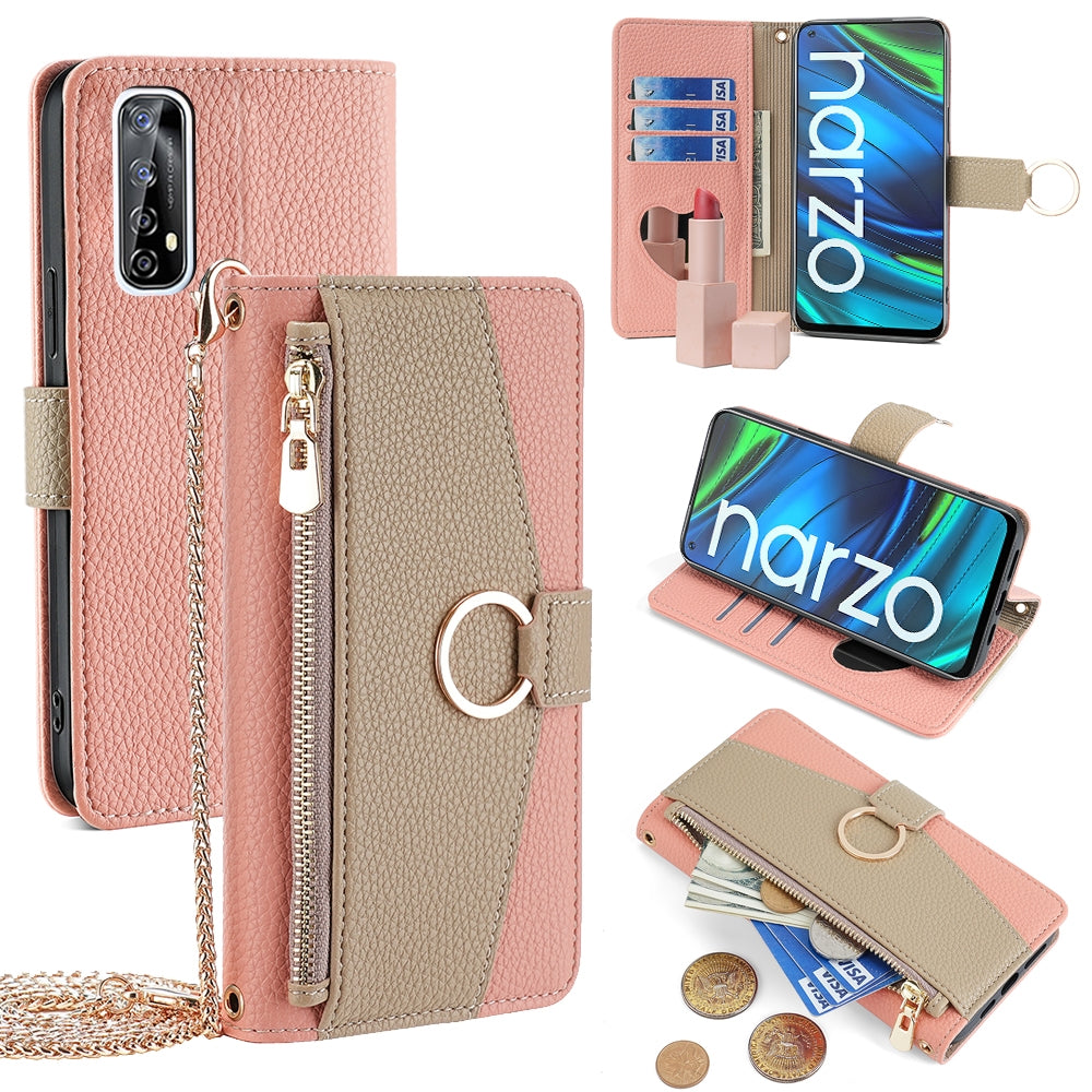 Realme 7 Crossbody Phone Case with Litchi Texture Leather, Adjustable Kickstand, Card Slots, Zipper Purse, Makeup Mirror, and TPU Protection
