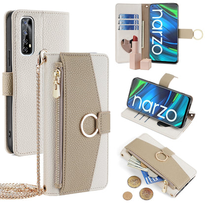 Realme Narzo 20 Pro Crossbody Phone Case with Litchi Texture Leather, Adjustable Kickstand, Card Slots, Zipper Purse, Makeup Mirror, and TPU Protection