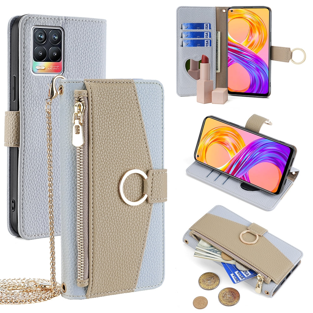 Realme 8/8 Pro Crossbody Phone Case with Litchi Texture Leather, Adjustable Kickstand, Card Slots, Zipper Purse, Makeup Mirror, and TPU Protection