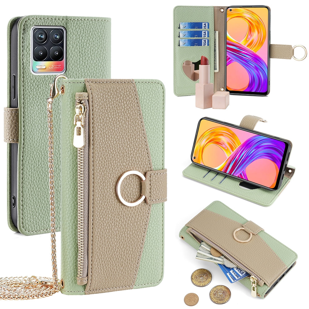 Realme 8/8 Pro Crossbody Phone Case with Litchi Texture Leather, Adjustable Kickstand, Card Slots, Zipper Purse, Makeup Mirror, and TPU Protection