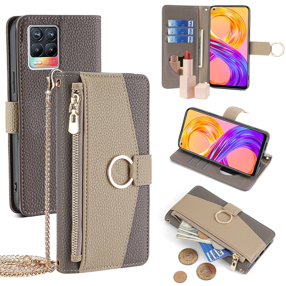 Realme 8/8 Pro Crossbody Phone Case with Litchi Texture Leather, Adjustable Kickstand, Card Slots, Zipper Purse, Makeup Mirror, and TPU Protection