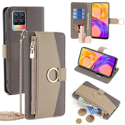 Realme 8/8 Pro Crossbody Phone Case with Litchi Texture Leather, Adjustable Kickstand, Card Slots, Zipper Purse, Makeup Mirror, and TPU Protection