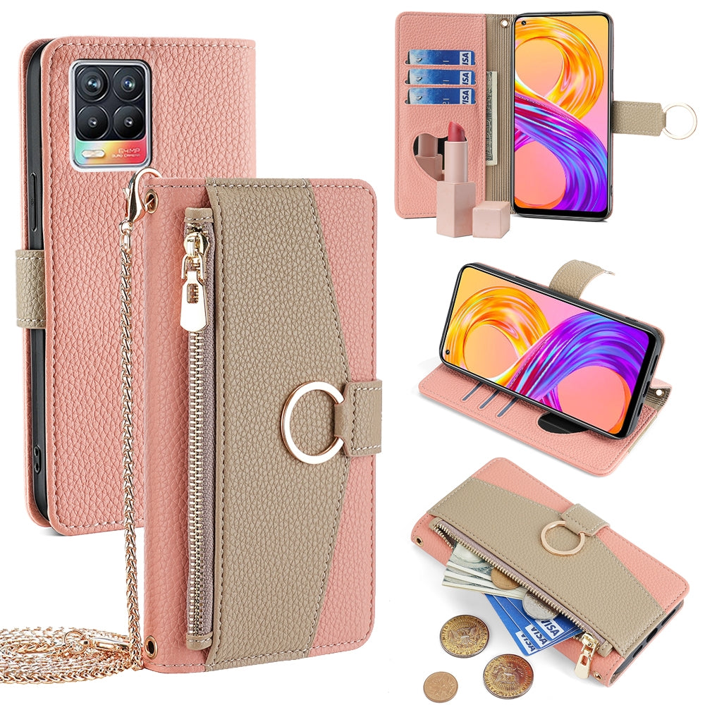 Realme 8/8 Pro Crossbody Phone Case with Litchi Texture Leather, Adjustable Kickstand, Card Slots, Zipper Purse, Makeup Mirror, and TPU Protection