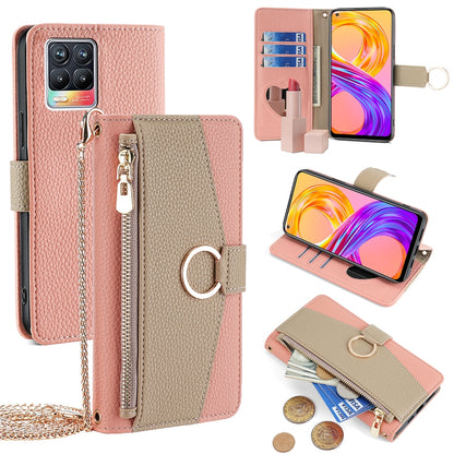 Realme 8/8 Pro Crossbody Phone Case with Litchi Texture Leather, Adjustable Kickstand, Card Slots, Zipper Purse, Makeup Mirror, and TPU Protection