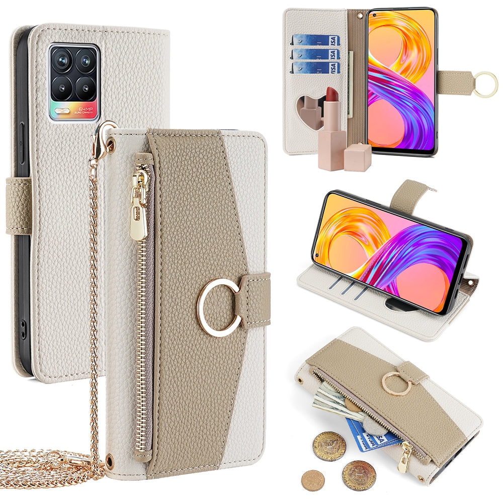 Realme 8/8 Pro Crossbody Phone Case with Litchi Texture Leather, Adjustable Kickstand, Card Slots, Zipper Purse, Makeup Mirror, and TPU Protection