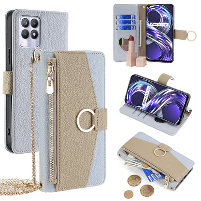 Realme 8i Crossbody Phone Case with Litchi Texture Leather, Adjustable Kickstand, Card Slots, Zipper Purse, Makeup Mirror, and TPU Protection
