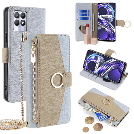 Realme 8i Crossbody Phone Case with Litchi Texture Leather, Adjustable Kickstand, Card Slots, Zipper Purse, Makeup Mirror, and TPU Protection