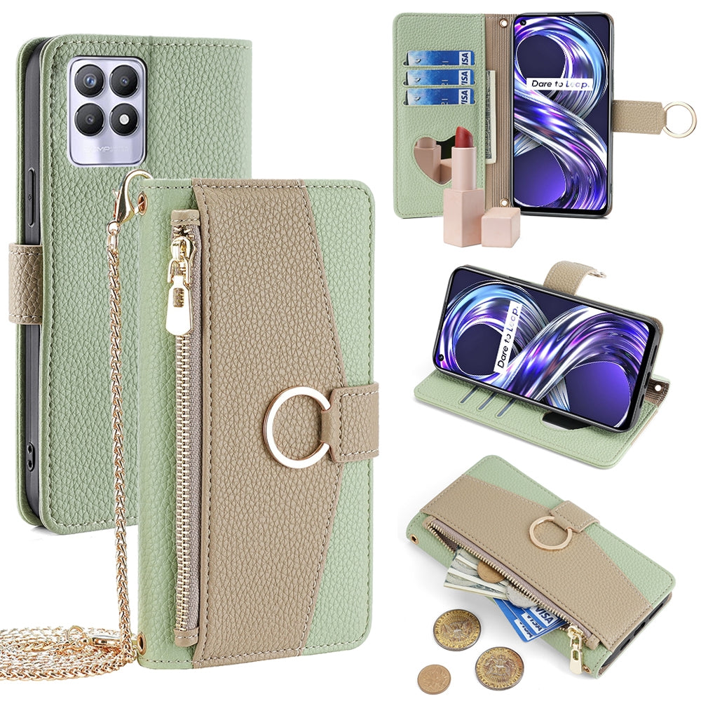 Realme 8i Crossbody Phone Case with Litchi Texture Leather, Adjustable Kickstand, Card Slots, Zipper Purse, Makeup Mirror, and TPU Protection