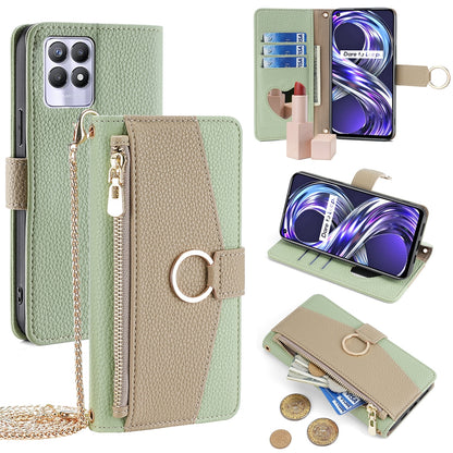 Realme 8i Crossbody Phone Case with Litchi Texture Leather, Adjustable Kickstand, Card Slots, Zipper Purse, Makeup Mirror, and TPU Protection