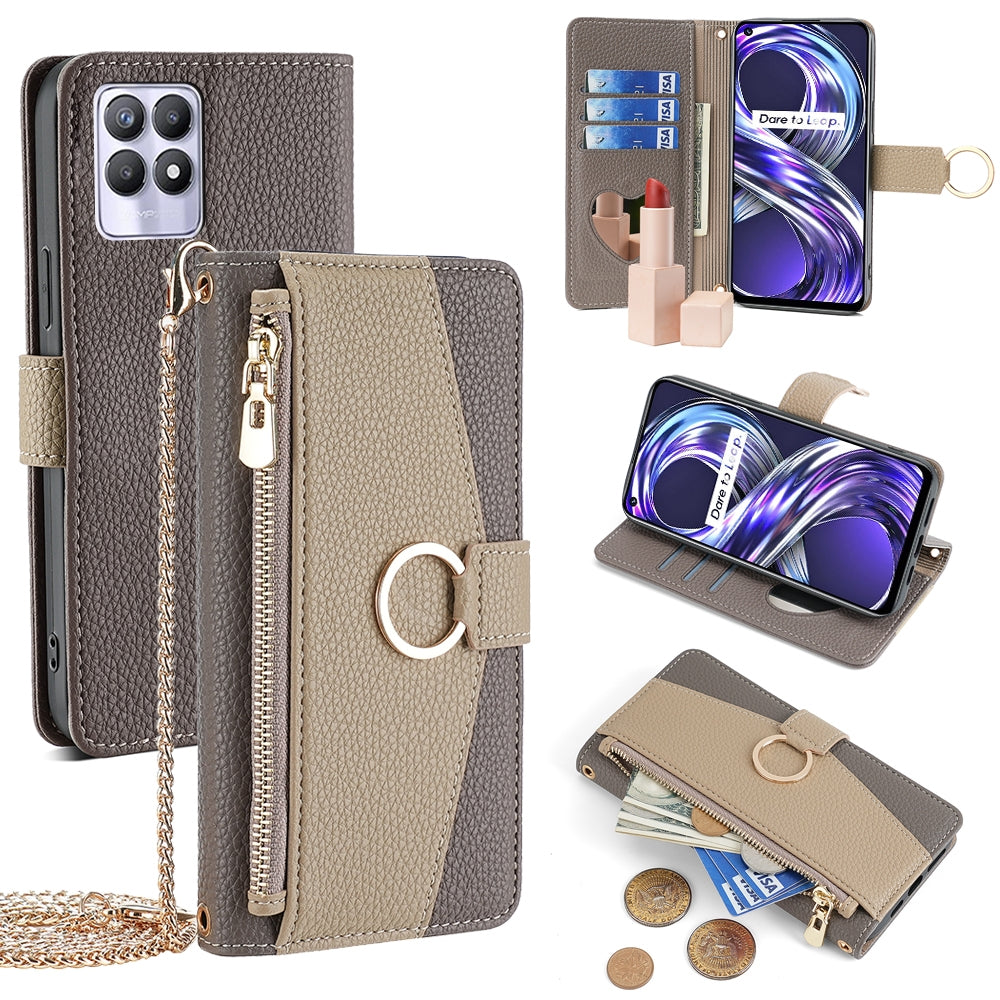Realme 8i Crossbody Phone Case with Litchi Texture Leather, Adjustable Kickstand, Card Slots, Zipper Purse, Makeup Mirror, and TPU Protection