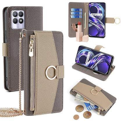 Realme 8i Crossbody Phone Case with Litchi Texture Leather, Adjustable Kickstand, Card Slots, Zipper Purse, Makeup Mirror, and TPU Protection