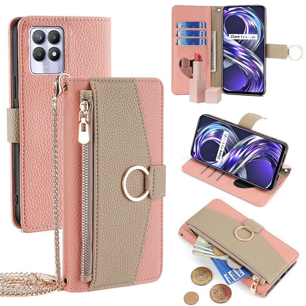 Realme 8i Crossbody Phone Case with Litchi Texture Leather, Adjustable Kickstand, Card Slots, Zipper Purse, Makeup Mirror, and TPU Protection