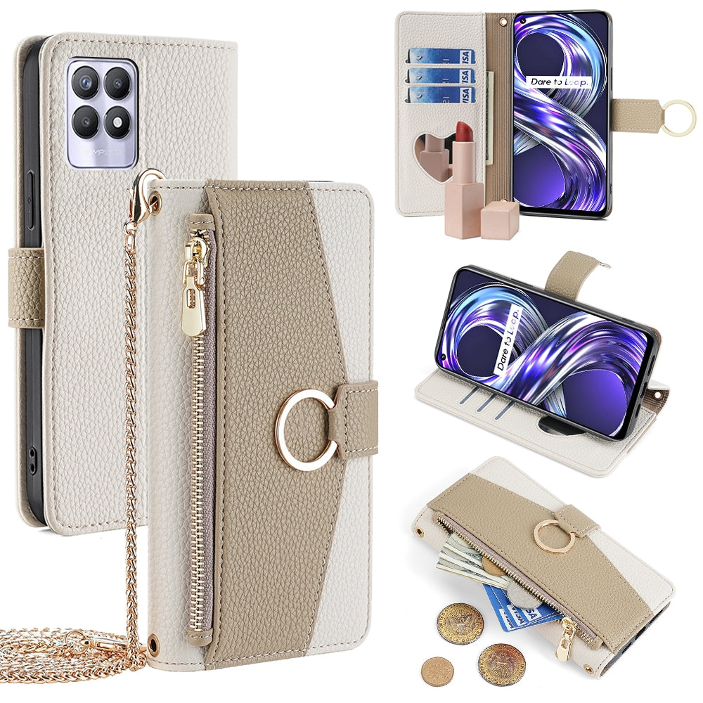 Realme 8i Crossbody Phone Case with Litchi Texture Leather, Adjustable Kickstand, Card Slots, Zipper Purse, Makeup Mirror, and TPU Protection