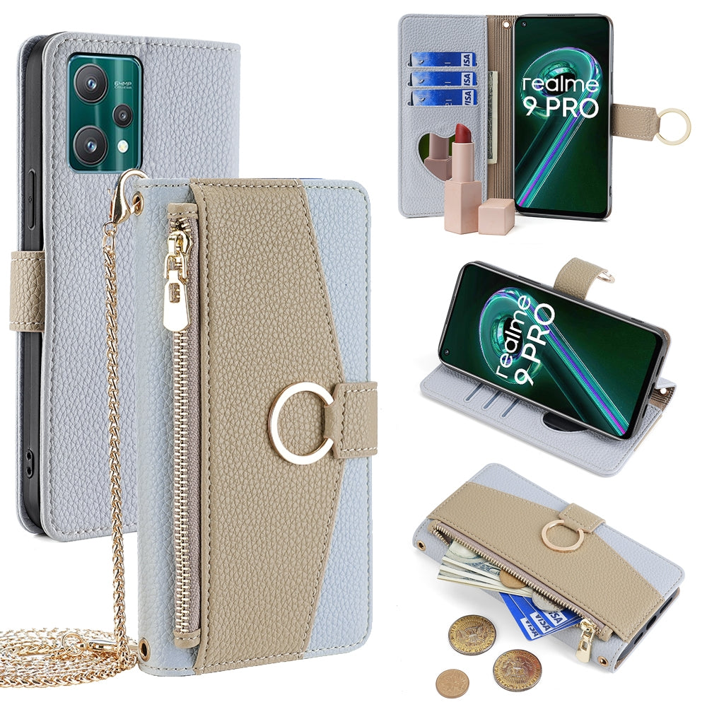 Realme 9 Pro Crossbody Phone Case with Litchi Texture Leather, Adjustable Kickstand, Card Slots, Zipper Purse, Makeup Mirror, and TPU Protection