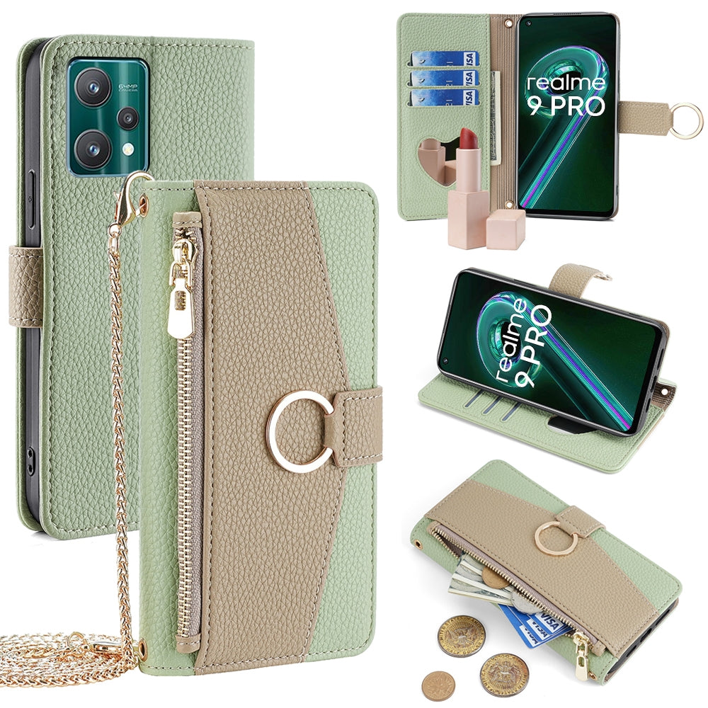 Realme 9 Pro Crossbody Phone Case with Litchi Texture Leather, Adjustable Kickstand, Card Slots, Zipper Purse, Makeup Mirror, and TPU Protection