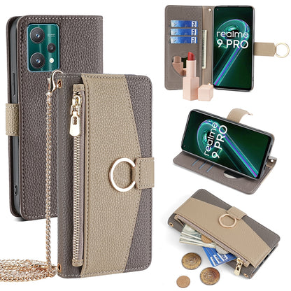 Realme 9 Pro Crossbody Phone Case with Litchi Texture Leather, Adjustable Kickstand, Card Slots, Zipper Purse, Makeup Mirror, and TPU Protection
