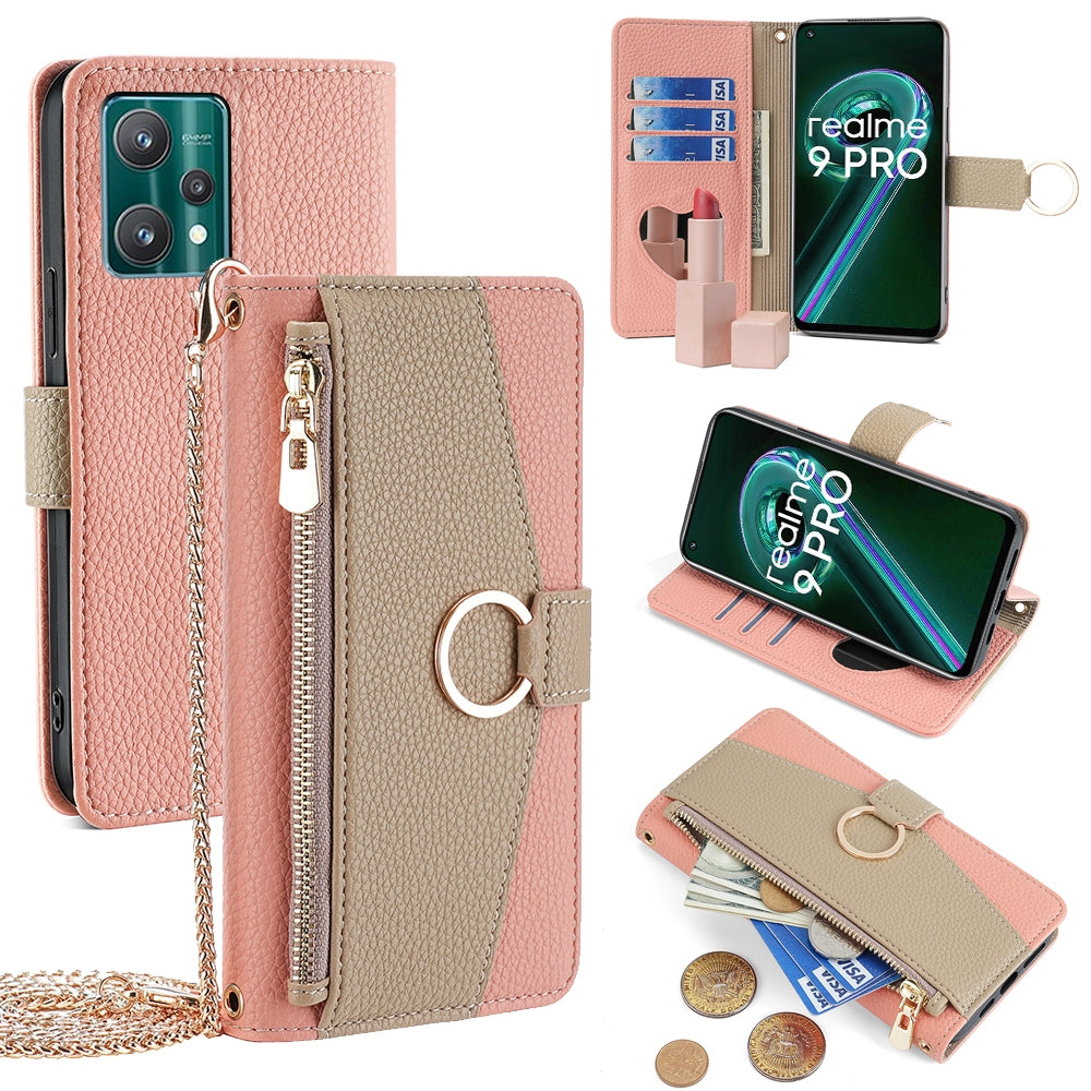Realme 9 Pro Crossbody Phone Case with Litchi Texture Leather, Adjustable Kickstand, Card Slots, Zipper Purse, Makeup Mirror, and TPU Protection