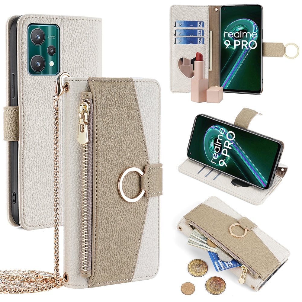 Realme 9 Pro Crossbody Phone Case with Litchi Texture Leather, Adjustable Kickstand, Card Slots, Zipper Purse, Makeup Mirror, and TPU Protection