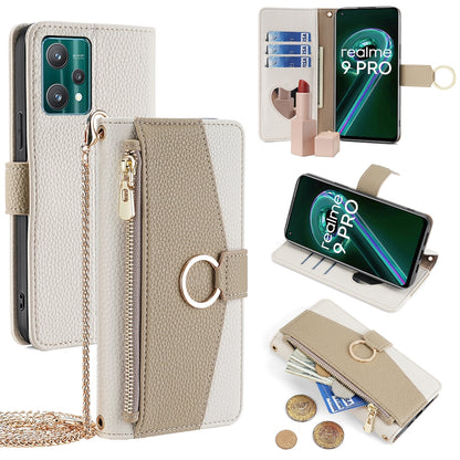 Realme 9 Pro Crossbody Phone Case with Litchi Texture Leather, Adjustable Kickstand, Card Slots, Zipper Purse, Makeup Mirror, and TPU Protection
