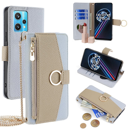 Realme 9 Pro+ Crossbody Phone Case with Litchi Texture Leather, Adjustable Kickstand, Card Slots, Zipper Purse, Makeup Mirror, and TPU Protection