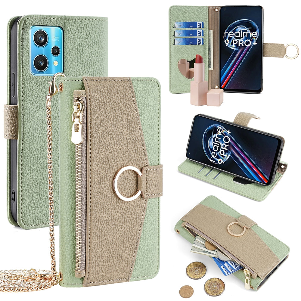 Realme 9 Pro+ Crossbody Phone Case with Litchi Texture Leather, Adjustable Kickstand, Card Slots, Zipper Purse, Makeup Mirror, and TPU Protection