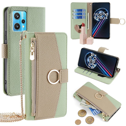 Realme 9 Pro+ Crossbody Phone Case with Litchi Texture Leather, Adjustable Kickstand, Card Slots, Zipper Purse, Makeup Mirror, and TPU Protection