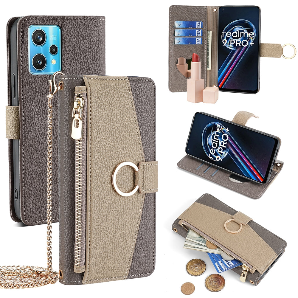 Realme 9 Pro+ Crossbody Phone Case with Litchi Texture Leather, Adjustable Kickstand, Card Slots, Zipper Purse, Makeup Mirror, and TPU Protection