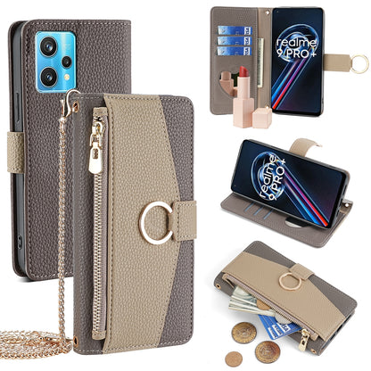 Realme 9 Pro+ Crossbody Phone Case with Litchi Texture Leather, Adjustable Kickstand, Card Slots, Zipper Purse, Makeup Mirror, and TPU Protection