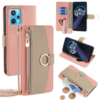 Realme 9 Pro+ Crossbody Phone Case with Litchi Texture Leather, Adjustable Kickstand, Card Slots, Zipper Purse, Makeup Mirror, and TPU Protection