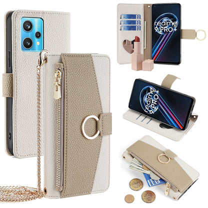 Realme 9 Pro+ Crossbody Phone Case with Litchi Texture Leather, Adjustable Kickstand, Card Slots, Zipper Purse, Makeup Mirror, and TPU Protection