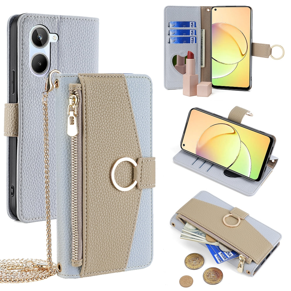 Realme 10 4G Crossbody Phone Case with Litchi Texture Leather, Adjustable Kickstand, Card Slots, Zipper Purse, Makeup Mirror, and TPU Protection