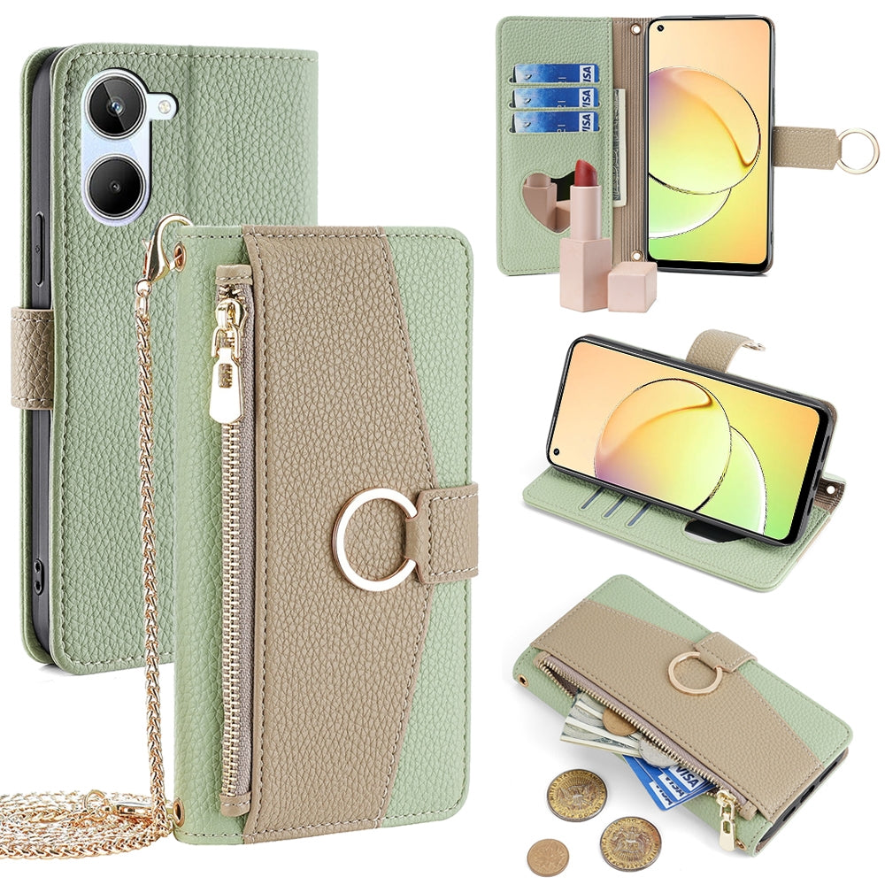 Realme 10 4G Crossbody Phone Case with Litchi Texture Leather, Adjustable Kickstand, Card Slots, Zipper Purse, Makeup Mirror, and TPU Protection