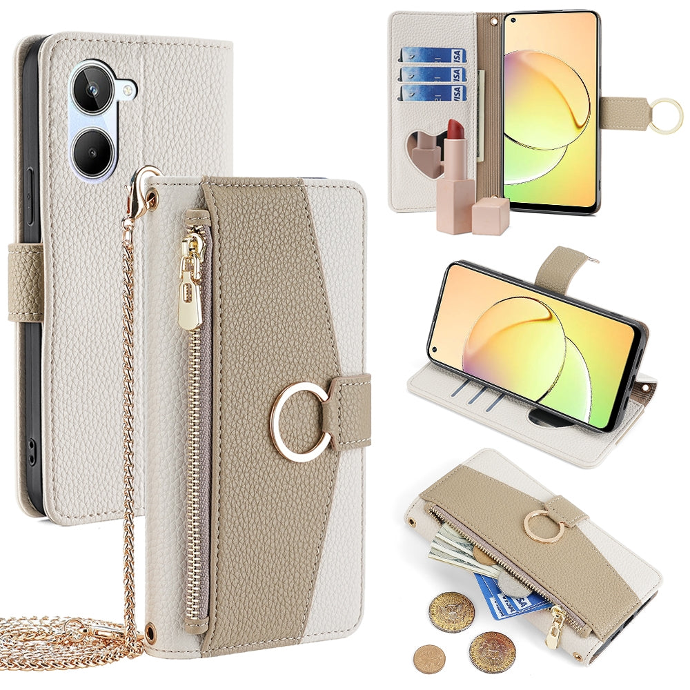 Realme 10 4G Crossbody Phone Case with Litchi Texture Leather, Adjustable Kickstand, Card Slots, Zipper Purse, Makeup Mirror, and TPU Protection