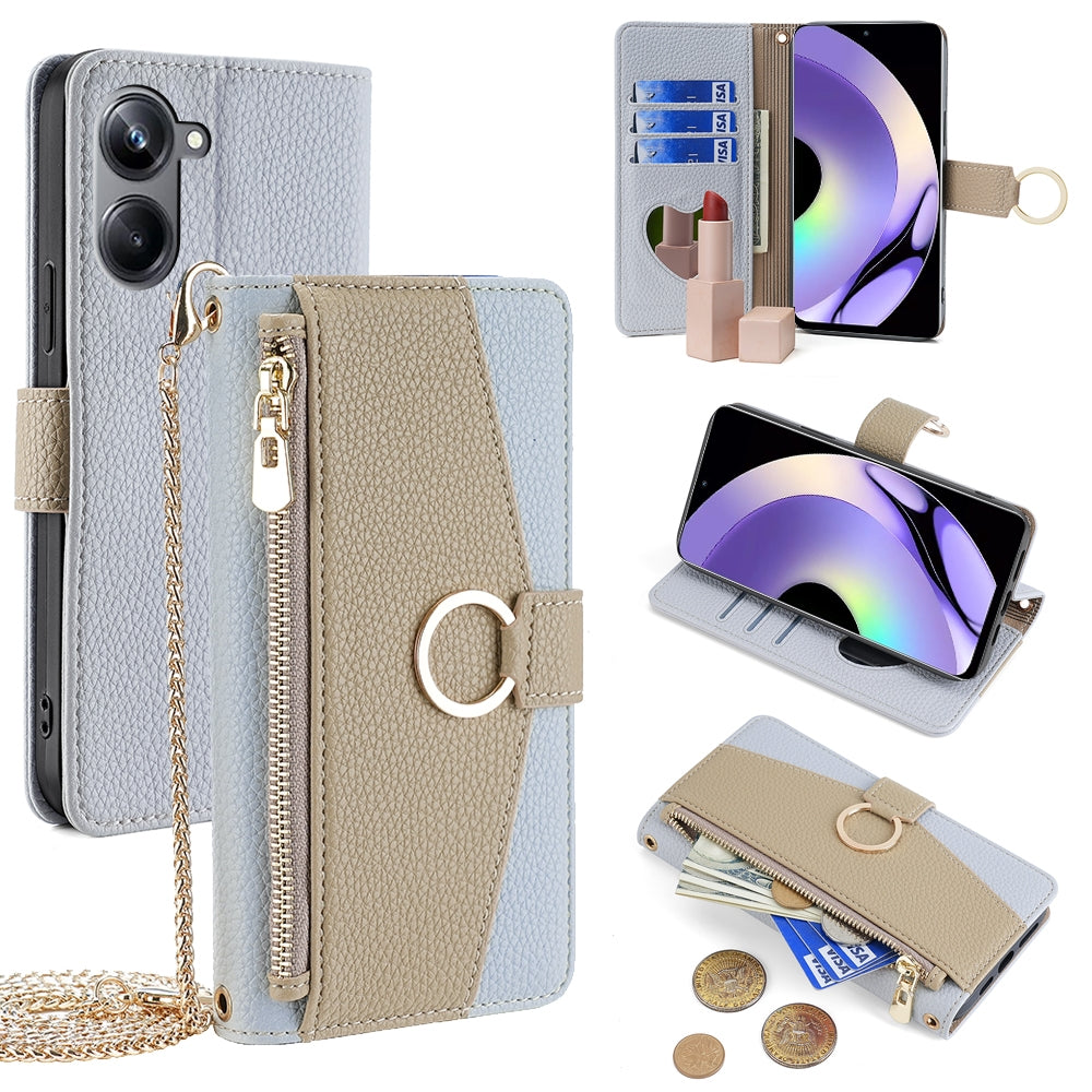 Realme 10 Pro 5G Crossbody Phone Case with Litchi Texture Leather, Adjustable Kickstand, Card Slots, Zipper Purse, Makeup Mirror, and TPU Protection