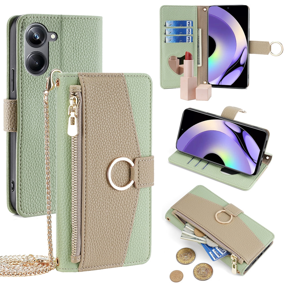 Realme 10 Pro 5G Crossbody Phone Case with Litchi Texture Leather, Adjustable Kickstand, Card Slots, Zipper Purse, Makeup Mirror, and TPU Protection