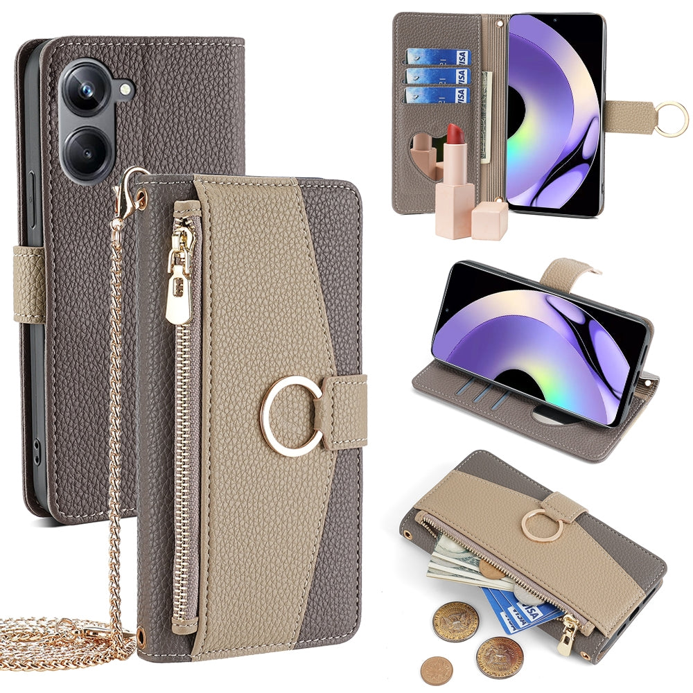 Realme 10 Pro 5G Crossbody Phone Case with Litchi Texture Leather, Adjustable Kickstand, Card Slots, Zipper Purse, Makeup Mirror, and TPU Protection