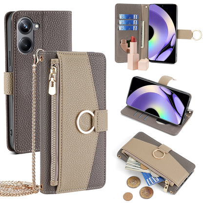 Realme 10 Pro 5G Crossbody Phone Case with Litchi Texture Leather, Adjustable Kickstand, Card Slots, Zipper Purse, Makeup Mirror, and TPU Protection