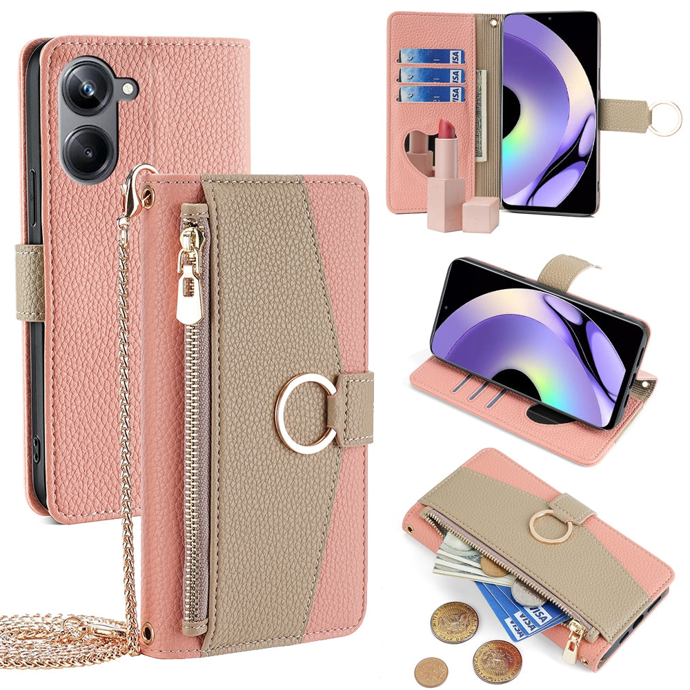Realme 10 Pro 5G Crossbody Phone Case with Litchi Texture Leather, Adjustable Kickstand, Card Slots, Zipper Purse, Makeup Mirror, and TPU Protection