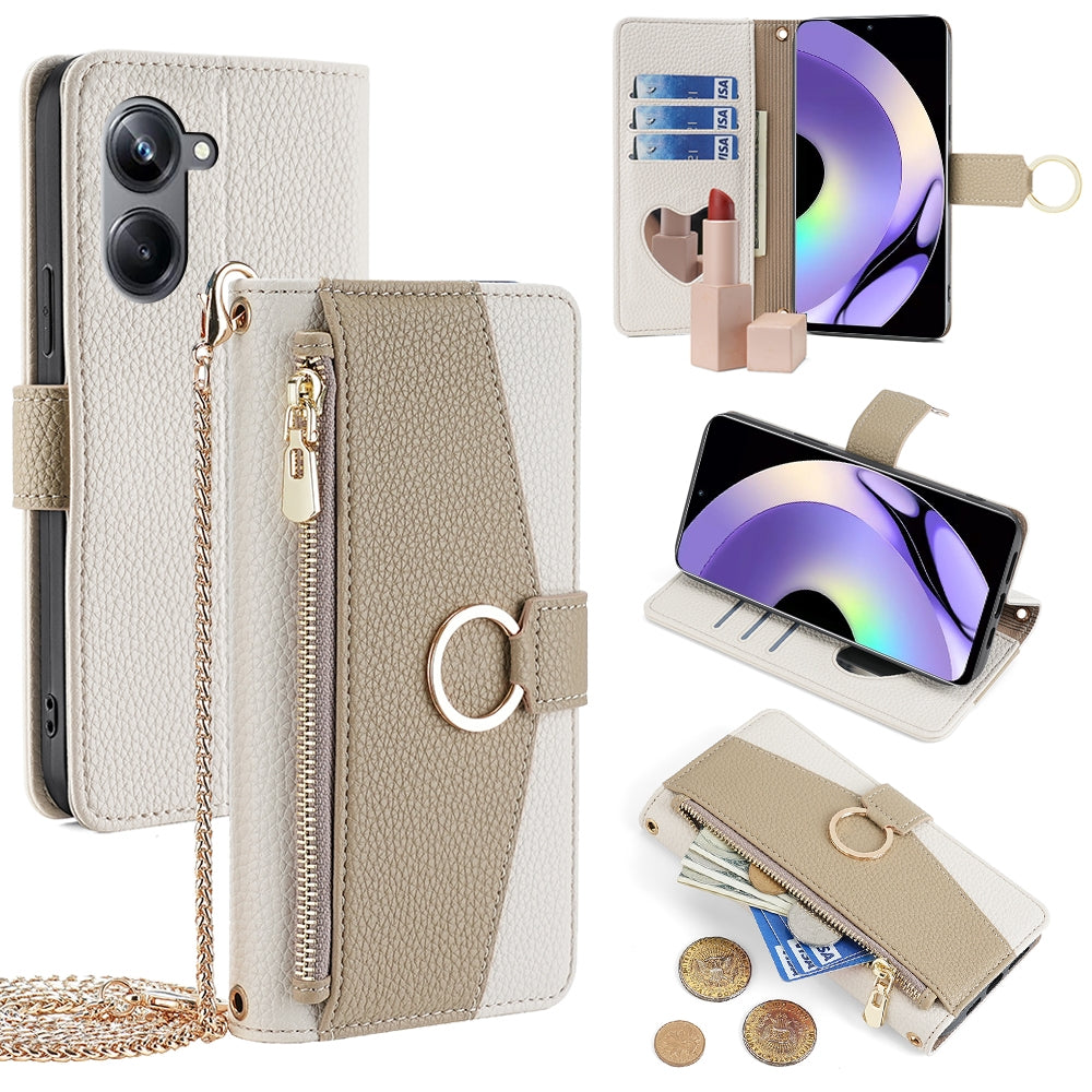 Realme 10 Pro 5G Crossbody Phone Case with Litchi Texture Leather, Adjustable Kickstand, Card Slots, Zipper Purse, Makeup Mirror, and TPU Protection
