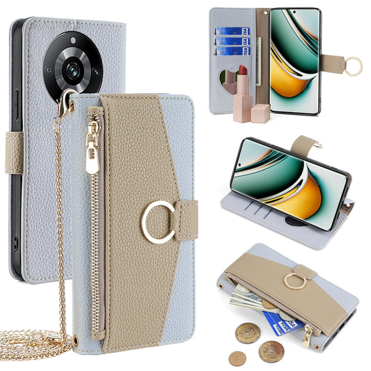 Realme 11 Pro 5G Crossbody Phone Case with Litchi Texture Leather, Adjustable Kickstand, Card Slots, Zipper Purse, Makeup Mirror, and TPU Protection