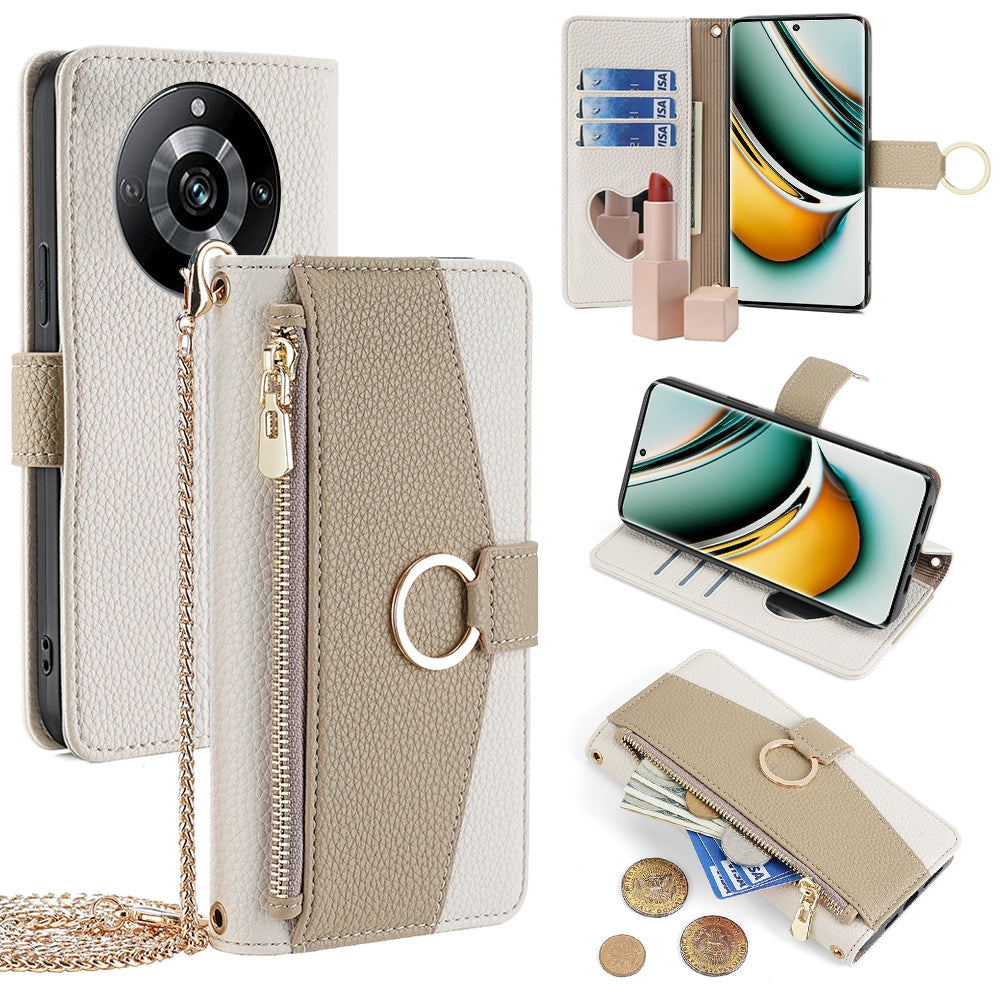 Realme 11 Pro 5G Crossbody Phone Case with Litchi Texture Leather, Adjustable Kickstand, Card Slots, Zipper Purse, Makeup Mirror, and TPU Protection