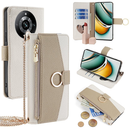 Realme 11 Pro+ 5G Crossbody Phone Case with Litchi Texture Leather, Adjustable Kickstand, Card Slots, Zipper Purse, Makeup Mirror, and TPU Protection