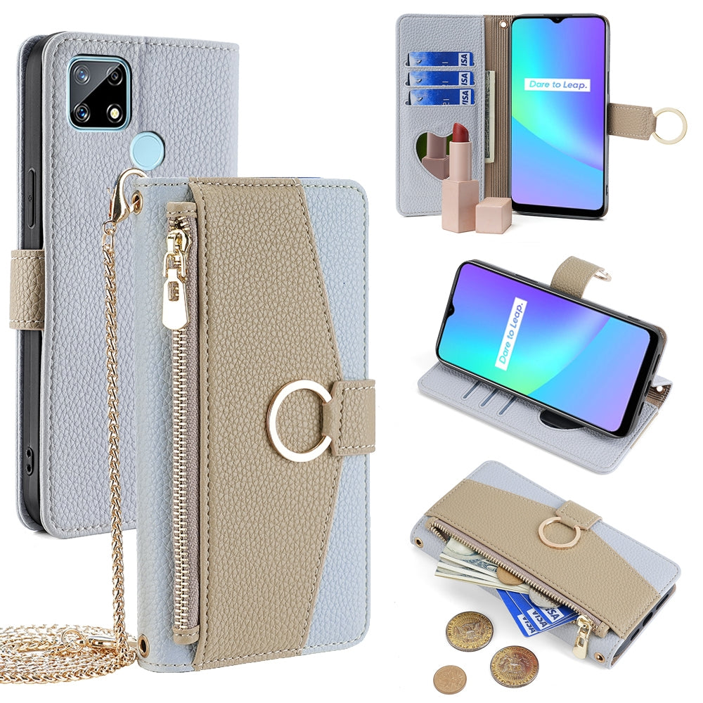 Realme Narzo 20 Crossbody Phone Case with Litchi Texture Leather, Adjustable Kickstand, Card Slots, Zipper Purse, Makeup Mirror, and TPU Protection