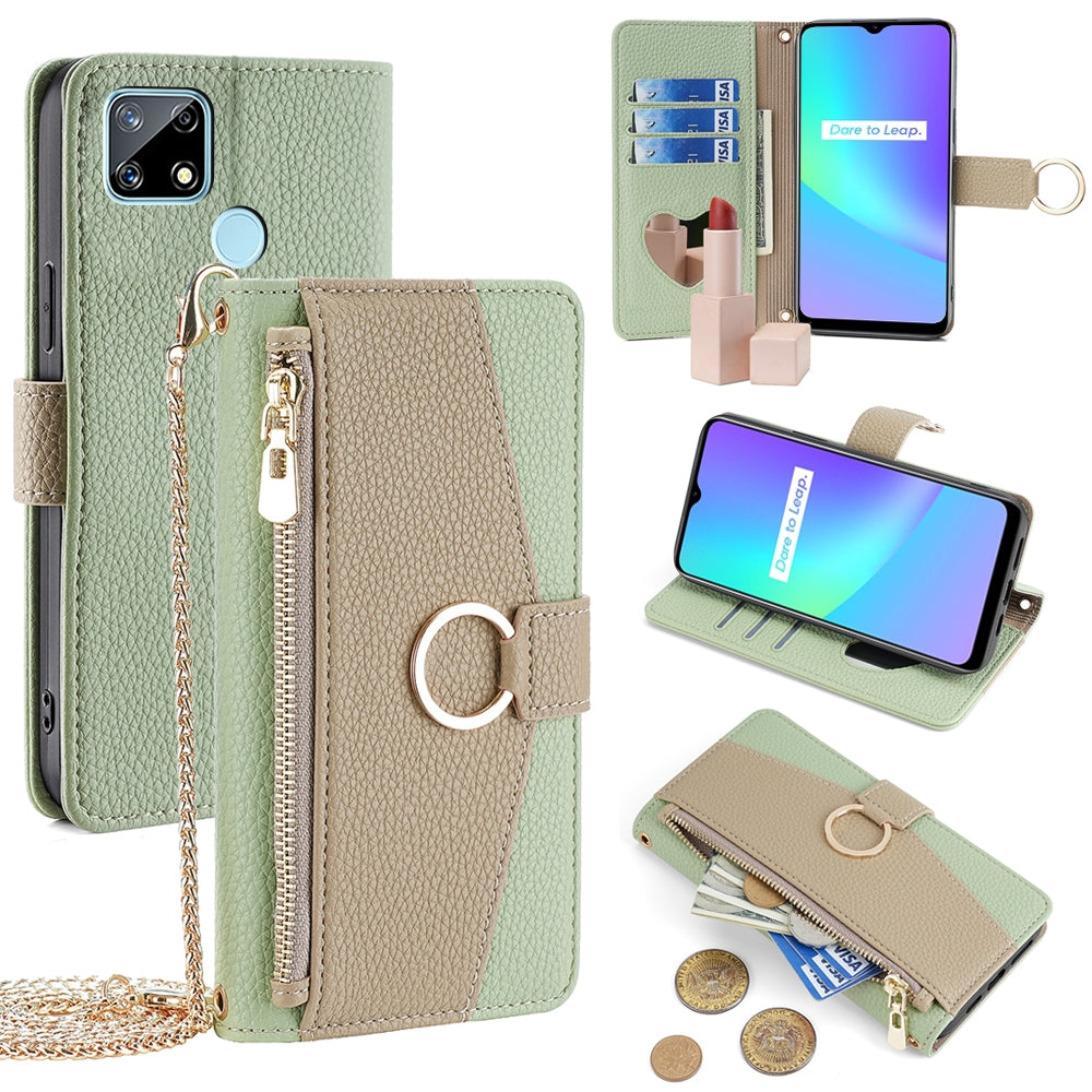 Realme C12 Crossbody Phone Case with Litchi Texture Leather, Adjustable Kickstand, Card Slots, Zipper Purse, Makeup Mirror, and TPU Protection