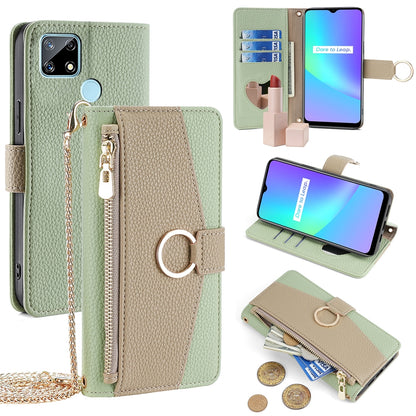 Realme C12 Crossbody Phone Case with Litchi Texture Leather, Adjustable Kickstand, Card Slots, Zipper Purse, Makeup Mirror, and TPU Protection